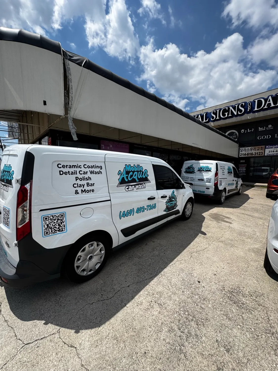 Mobile Acqua Car Wash branded vans ready for mobile detailing across Dallas-Fort Worth